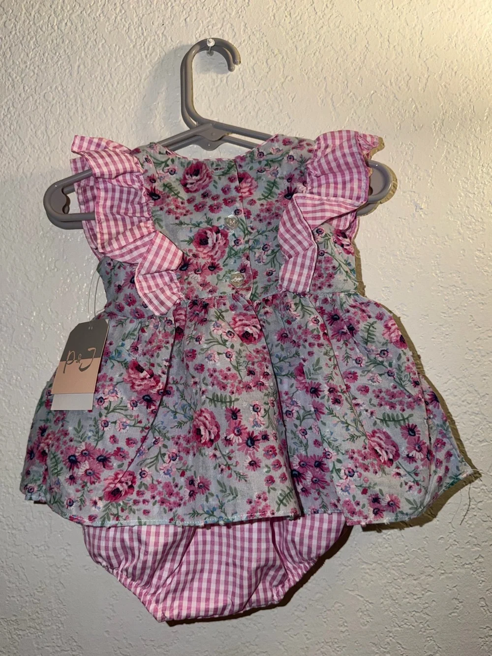 Pippa & Julie Pink Floral Ruffle Dress with Gingham Bloomers